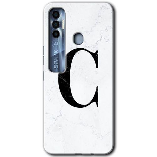 Tecno Spark 7 Pro HD Baskılı Kılıf + 9D Tam Ekran Koruyucu - Beyaz Mermer Desenli C Harfi