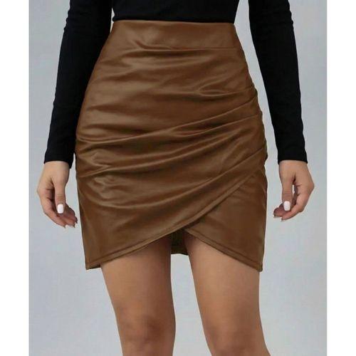 Kadın Yüksek Bel Yandan Fermuarlı Pileli Mini Deri Etek