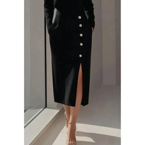 Kadın Uzun Kollu Bisiklet Yakalı Yandan Yırtmaçlı Düğmeli Midi Ithal Krep Elbise