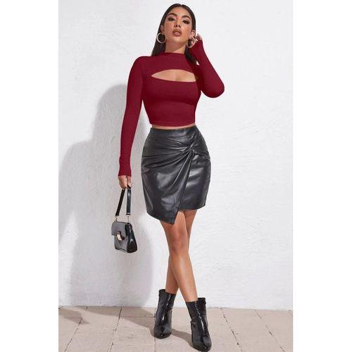 Kadın Bordo Modern Fit Göğüs Dekolteli Uzun Kollu Cut Out Crop Top Bluz