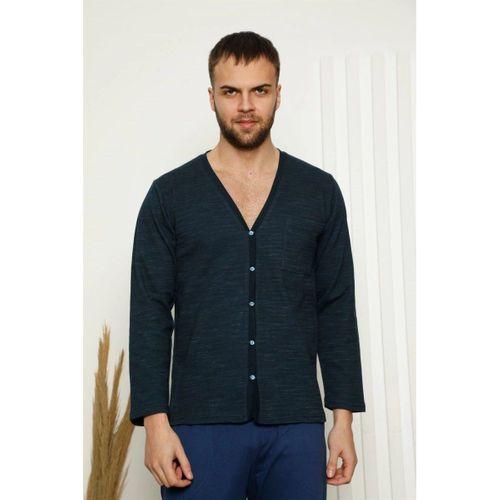 Erkek %100 Pamuk Önden Düğmeli Cepli Uzun Kollu Pijama Takımı Lacivert