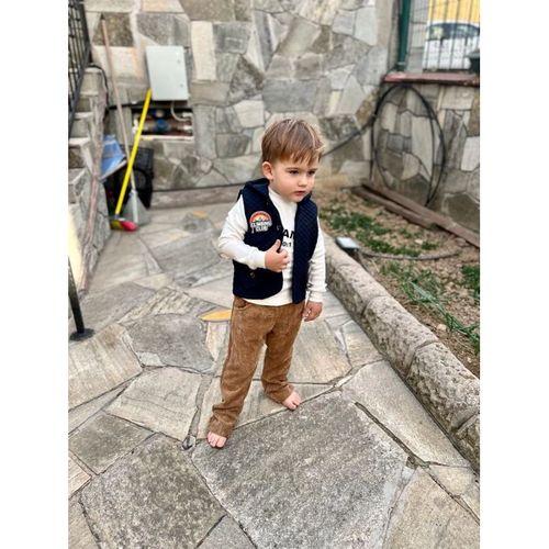 3-4-5 Yaş Fitilli Kadife Pantolon Kapitone Kapşonlu Yelek Uzun Kollu Sweat 3lü Erkek Çocuk Takımı Gri