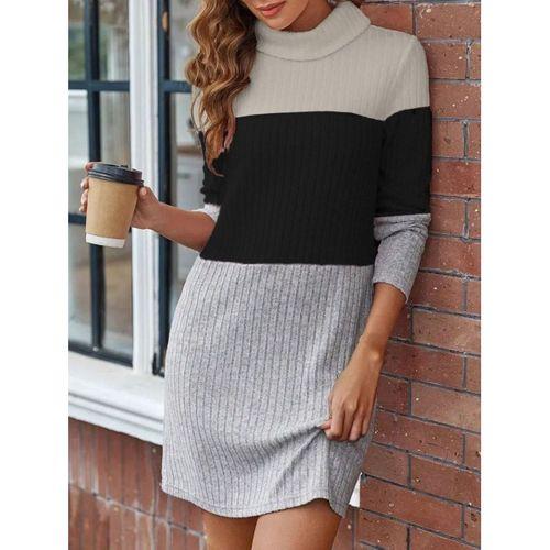 Kadın Uzun Kollu Balıkçı Yaka çizgili çok Renkli Mini şardonlu Kaşkorsel Elbise