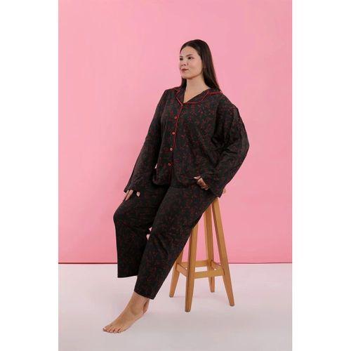 Kadın Büyük Beden Siyah Kırmızı Çiçekli Düğmeli Pijama Takımı