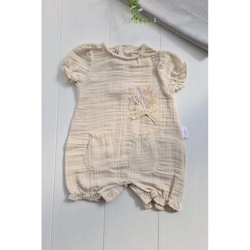 Müslin Kumaş Çiçek Nakışlı Pamuklu Kız Bebek Tulum