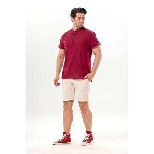 Kısa Kol Şantuklu Pamuk Bodrum Erkek Yazlık Tshirt Koyu Bordo 3068