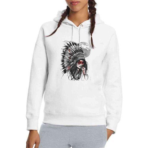 Kızılderili Kız Ay Baskılı Beyaz Kadın Kapşonlu Sweatshirt