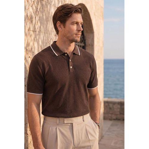 Balzac Yakası Şeritli Düğmeli Polo Yaka Basic Günlük Petek Örgü Triko Erkek T-Shirt - Kahve