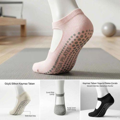 Kadın Kaymaz Yoga Pilates Çorabı 4'lü | Silikon Taban, Bilek Bantlı, Ev Spor Umre, 4 Renk