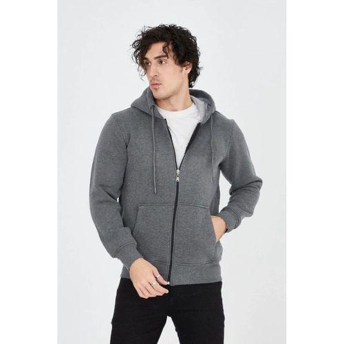 Erkek Kapüşonlu Düz Fermuarlı Hırka - Füme