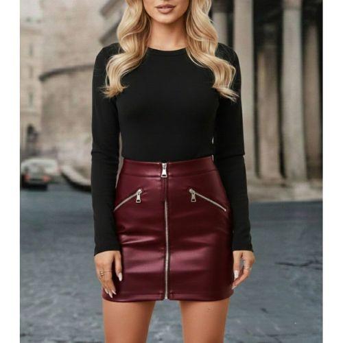 Kadın Yüksek Bel Fermuarlı Mini Deri Etek