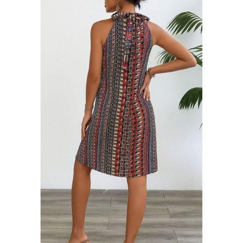 Kadın Kolsuz Boyundan Askılı Desenli Midi Süprem Elbise