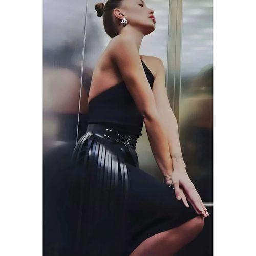 Püsküllü Deri Etek, Şık Deri Etek, Uzun Deri Etek, Siyah Deri Etek - Brf637