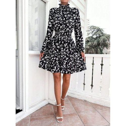 Kadın Uzun Kollu Balıkçı Yaka çiçek Baskılı Helen Kumaş Elbise