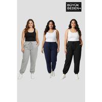 Kadın Büyük Beden Üçlü Jogger Paça Lastikli İnce Eşofman Altı Seti SPR26BEA951+3