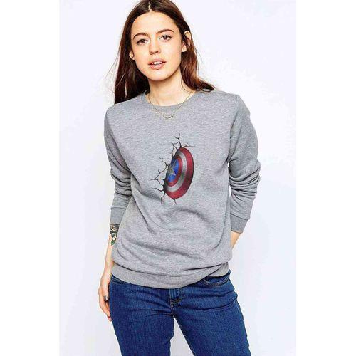 Captain America Shield Wall Baskılı Gri Kadın Sweatshirt
