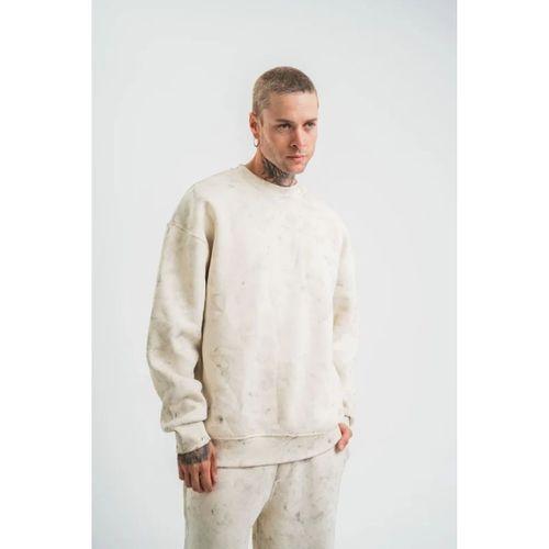 Erkek 3 İplik Pamuklu Yağ Yıkamalı Sweatshirt Double Oversize Bisiklet Yaka Uzun Kol - Krem