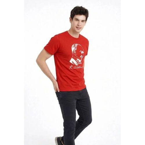 Erkek Atatürk Baskılı Tişört Kısa Kollu Bisiklet Yaka T-Shirt - Kırmızı