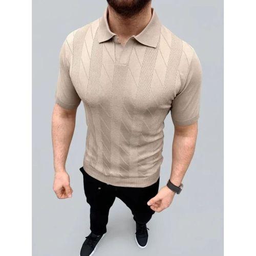Erkek Yazlık Triko Dokuma Tişört Kısa Kol Polo Yaka T-Shirt - Bej