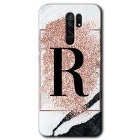 Xiaomi Redmi 9 Kılıf HD Desen Baskılı Arka Kapak - Pembe Mermer Desenli R Harfi