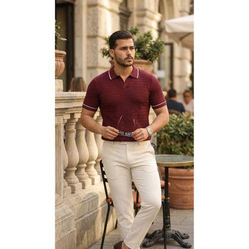 Erkek Zikzak Dokulu Yakalı Kısa Kollu Triko