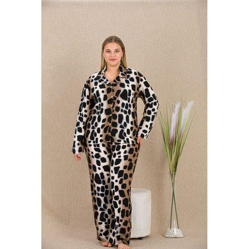 Büyük Beden Siyah Benekli Düğmeli Uzun Kol Viskon Pijama Takımı