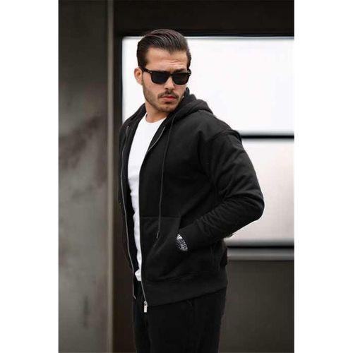 İçi Peluş Üç İplik Kumaş Oversize Fermuarlı Kapüşonlu Sweatshirt- Siyah