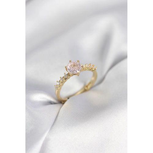 Gold Renk Pembe Tek Taş Model Zirkon Taşlı Kadın Yüzük
