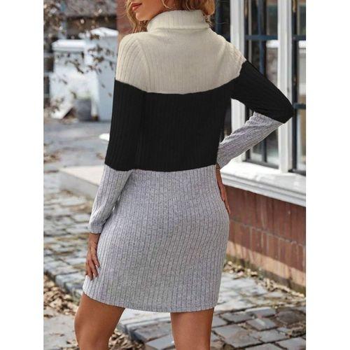 Kadın Uzun Kollu Balıkçı Yaka çizgili çok Renkli Mini şardonlu Kaşkorsel Elbise