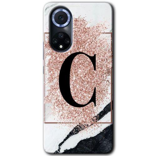 MRCİLETİSİM Huawei Nova 9 Kılıf HD Desen Baskılı Arka Kapak+Temperli Cam - Pembe Mermer Desenli C Harfi