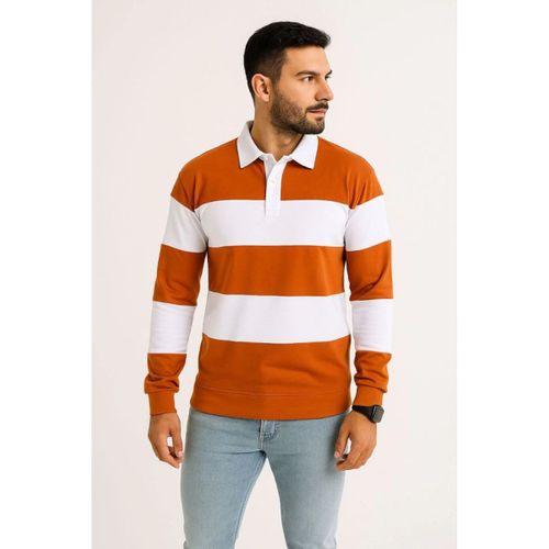 Erkek Polo Yaka Uzun Kollu Çizgili Sweatshirt Trend Rugby Stil - Turuncu