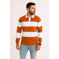 Erkek Polo Yaka Uzun Kollu Çizgili Sweatshirt Trend Rugby Stil - Turuncu