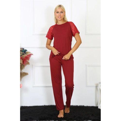 Kadın Kolu Dantelli Penye Pijama Takım Bordo