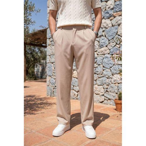 Baruchel Pileli Baggy Kalıp Kumaş Erkek Pantolon - Bej