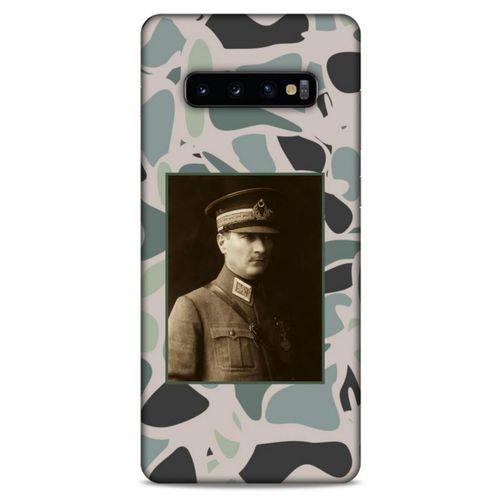 Samsung Galaxy S10 Plus Kılıf Atatürk (16) Kalın Kılıf Kamuflaj Açık Yeşil