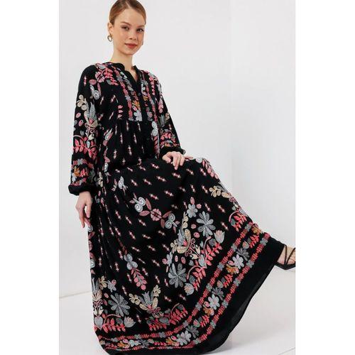 2423 Otantik Desenli Tesettür Elbise - Siyah - Kiremit