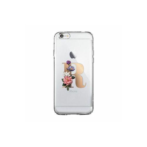 iPhone 6 Plus / 6s Plus Şeffaf Kılıf Gold Renkli Çiçekli R Harfli Desenli