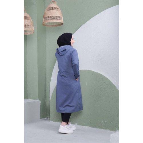 Yazı Baskılı Fermuarlı Kapşonlu Uzun Sweat - 03081.006 - İndigo