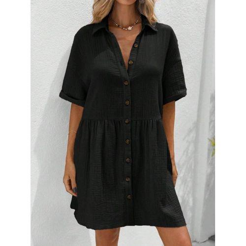 Kadın Kısa Kollu Yakalı önden Düğmeli Kısa Bürümcük Elbise