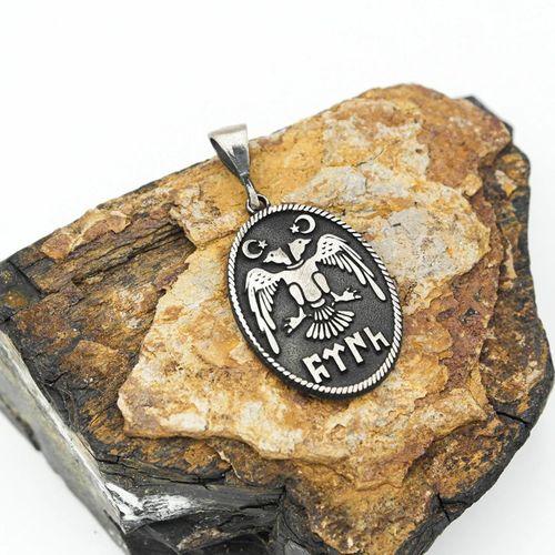 Çift Başlı Kartal İki Yüzü Desenli Gümüş Model Erkek Kolye