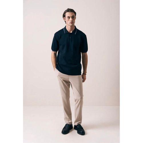 Austen Kontrast Biyeli Düğmeli Polo Yaka Kısa Kollu İnce Triko Erkek T-Shirt - Lacivert