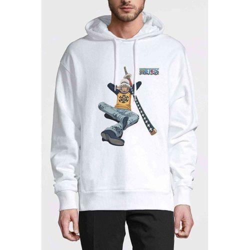 Anime One Piece Trafalgar Law Baskılı Beyaz Erkek Kapşonlu Sweatshirt