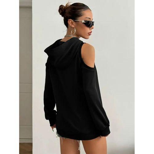 Kadın Uzun Kollu Kapşonlu Omuzlardan Açık Viskon Iki Iplik Bluz