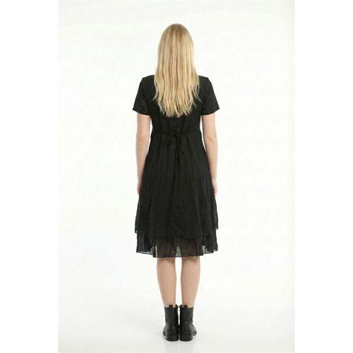 Kısa Kol Nil Vual Diz Boyu Çift Cepli Nakışlı Yazlık Elbise Siyah Syh