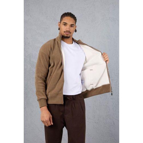 Ron Selanik Örme İçi Peluş Çift Fermuarlı Dik Yaka Erkek Hırka Sweatshirt - Vizon