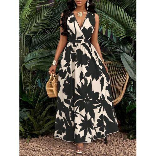 Kadın Askılı Kruvaze Yakalı çiçek Desenli Uzun Süprem Elbise