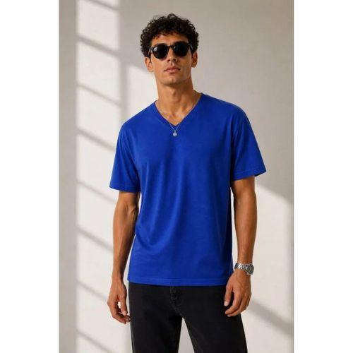 Erkek V Yaka Basic Tişört Kısa Kol Yazlık Regular Fit T-Shirt - Saks Mavisi