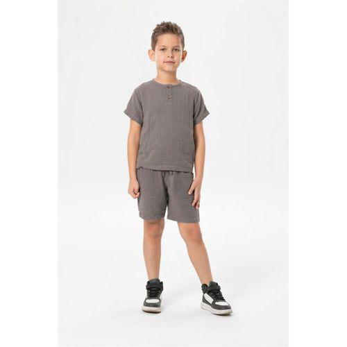 Kısa Kol Batı Yazlık Müslin Erkek Çocuk Tshirt Gri Gri