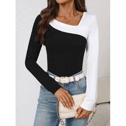 Kadın Uzun Kollu Geometrik Yaka Detaylı çift Renkli Viskon Bluz