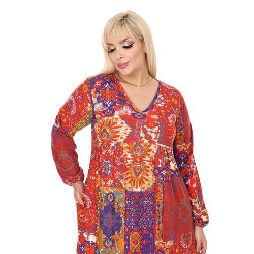 Melsay Butik Kışlık Robalı Yumoş Uzun Kollu Kırmızı Etnik Desen Elbise